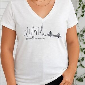 Kavio White V-Neck Tee with Skyline Design